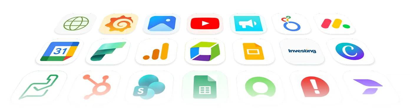 Integrated Apps including PowerBI, Looker, Grafana, and YouTube