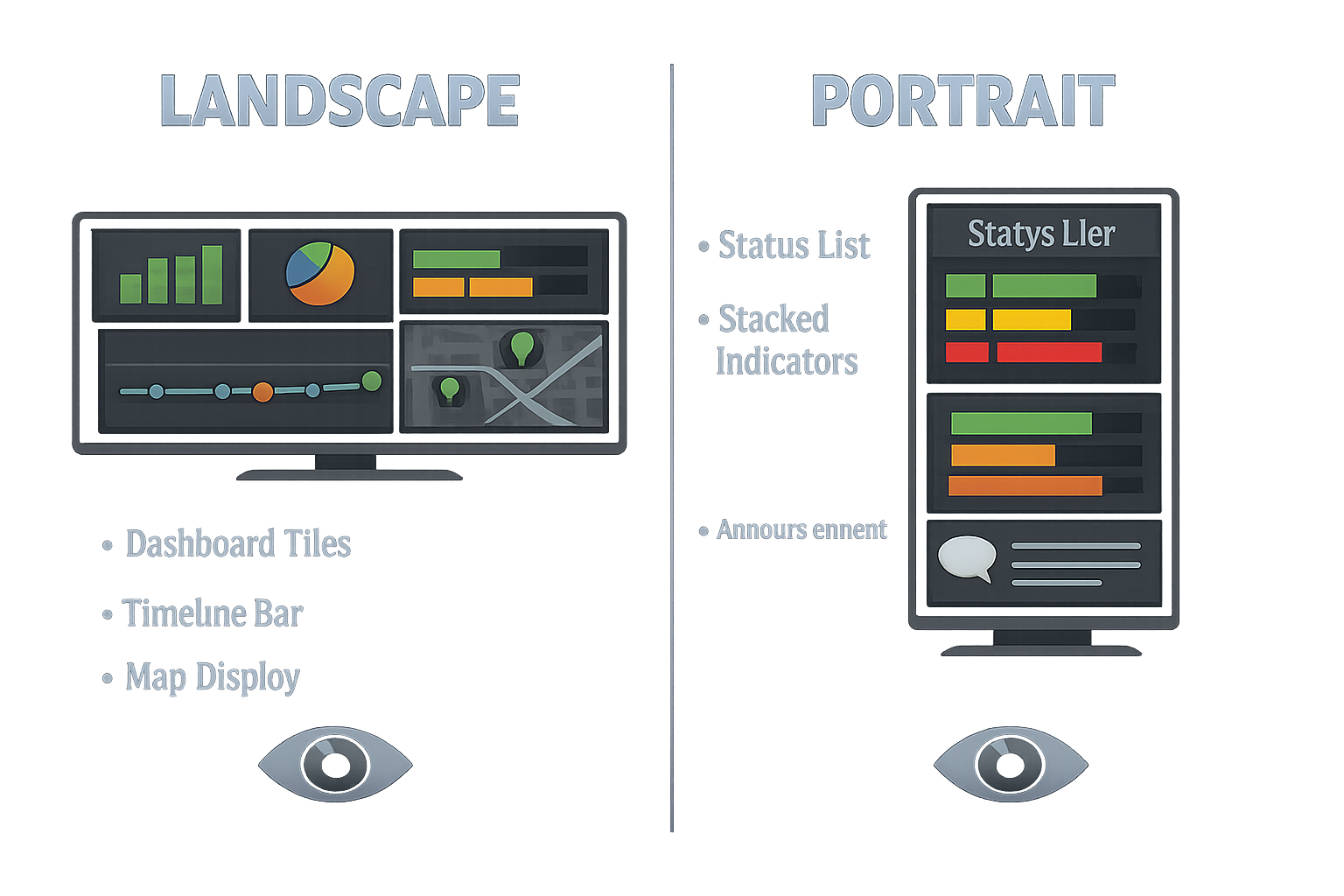 Diagram comparing landscape and portrait monitor layouts for dashboard and signage content